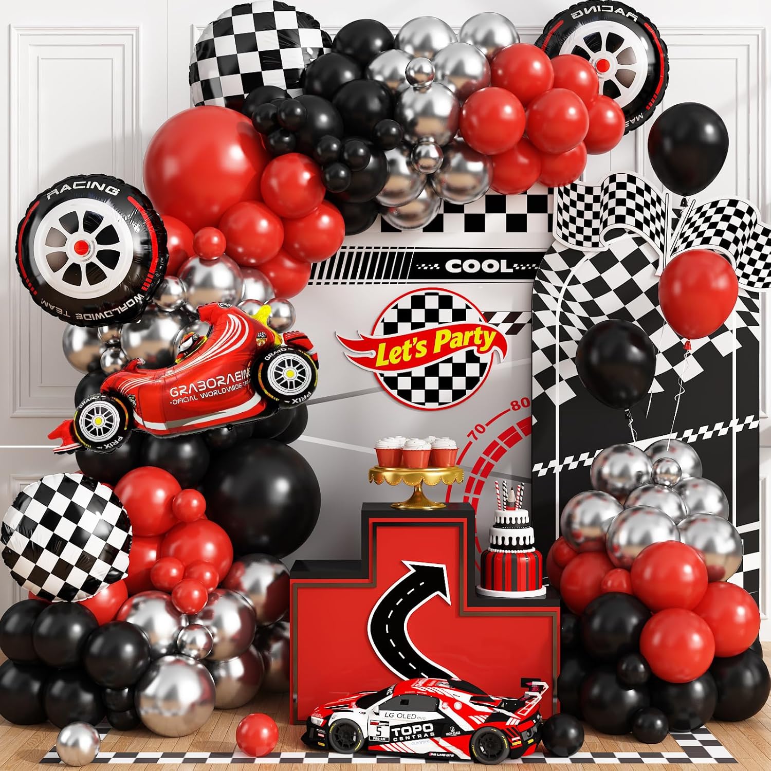 Lighting Mcqueen Birthday Decor - Yarış Arabası Kareli Tekerlek Kırmızı Siyah